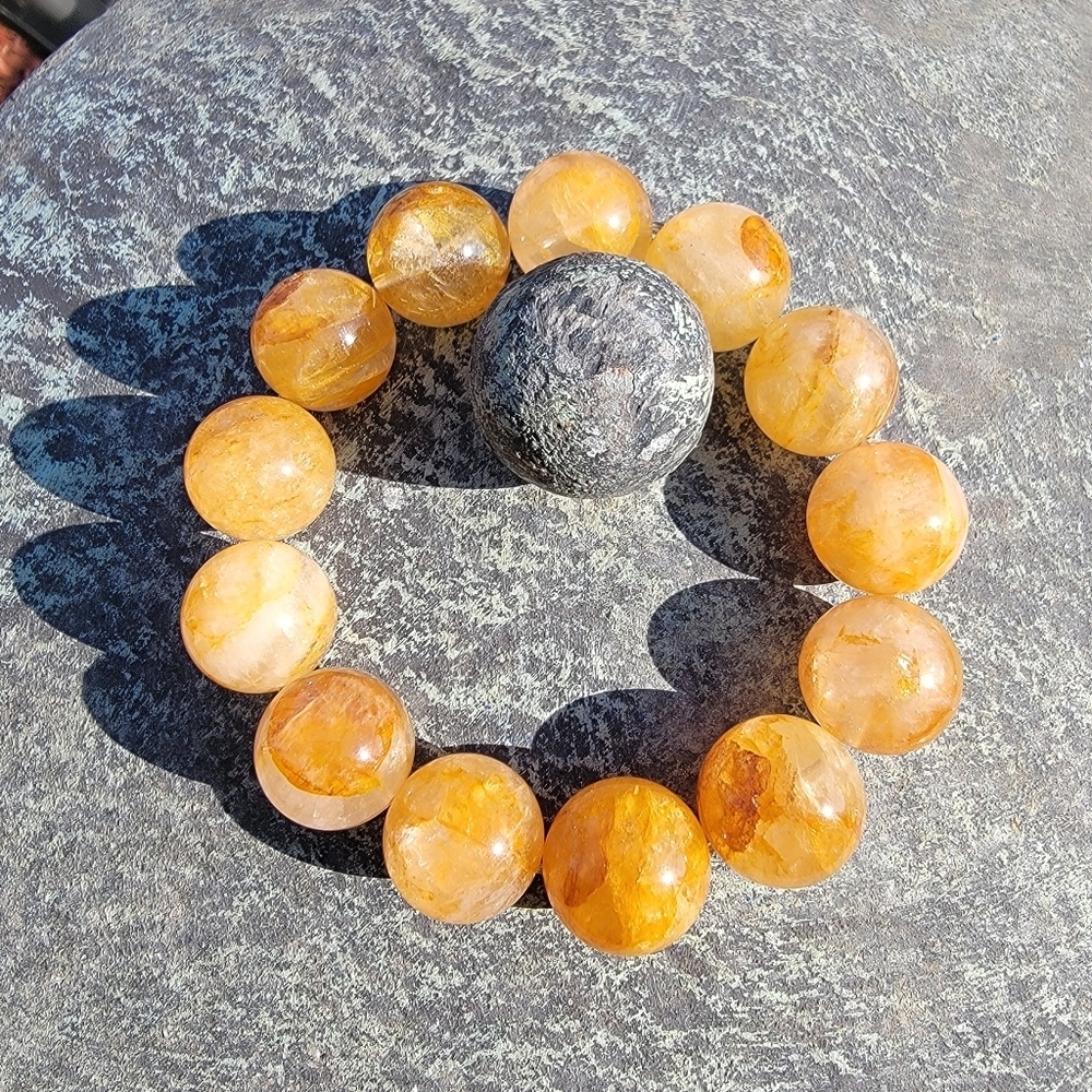 16.5mm Natural Yellow Phantom Ghost Garden Crystal Gemstone Round Bead Bracelet - Picture 8 of 9